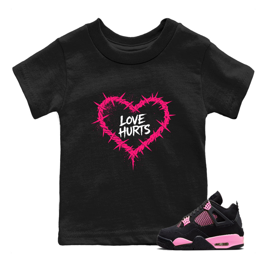 Sneaker match tees – Sneaker Tees To Match Air Jordan 4 Pink Thunder Shoes – Graffiti Love Hurts Kids T-Shirt Black 1