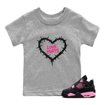 Sneaker match tees – Sneaker Tees To Match Air Jordan 4 Pink Thunder Shoes – Graffiti Love Hurts Kids T-Shirt Heather Grey 1