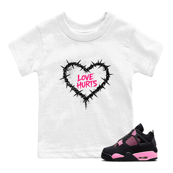 Sneaker match tees – Sneaker Tees To Match Air Jordan 4 Pink Thunder Shoes – Graffiti Love Hurts Kids T-Shirt White 1