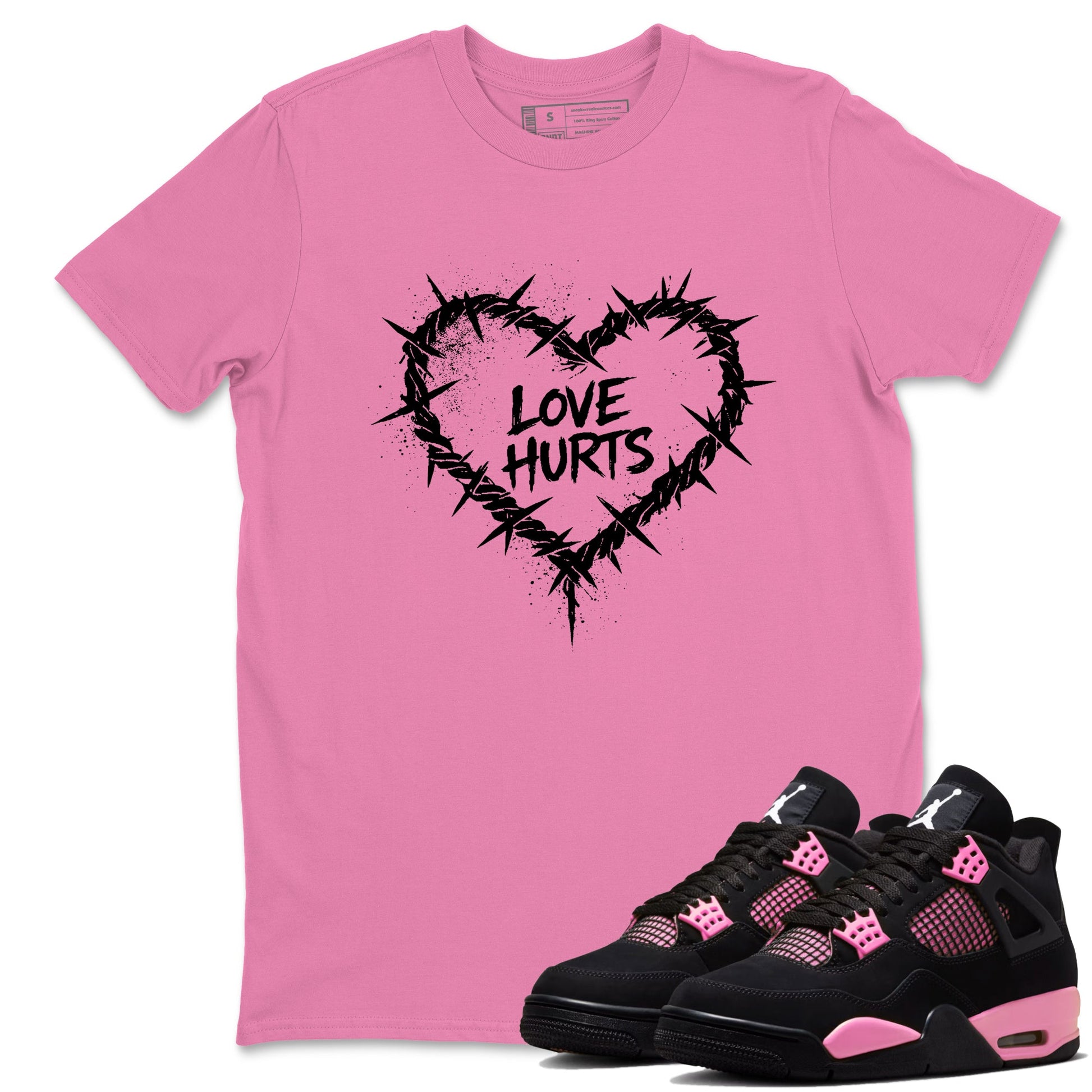 Sneaker match tees – Sneaker Tees To Match Air Jordan 4 Pink Thunder Shoes – Graffiti Love Hurts Tee Bubble Gum 1