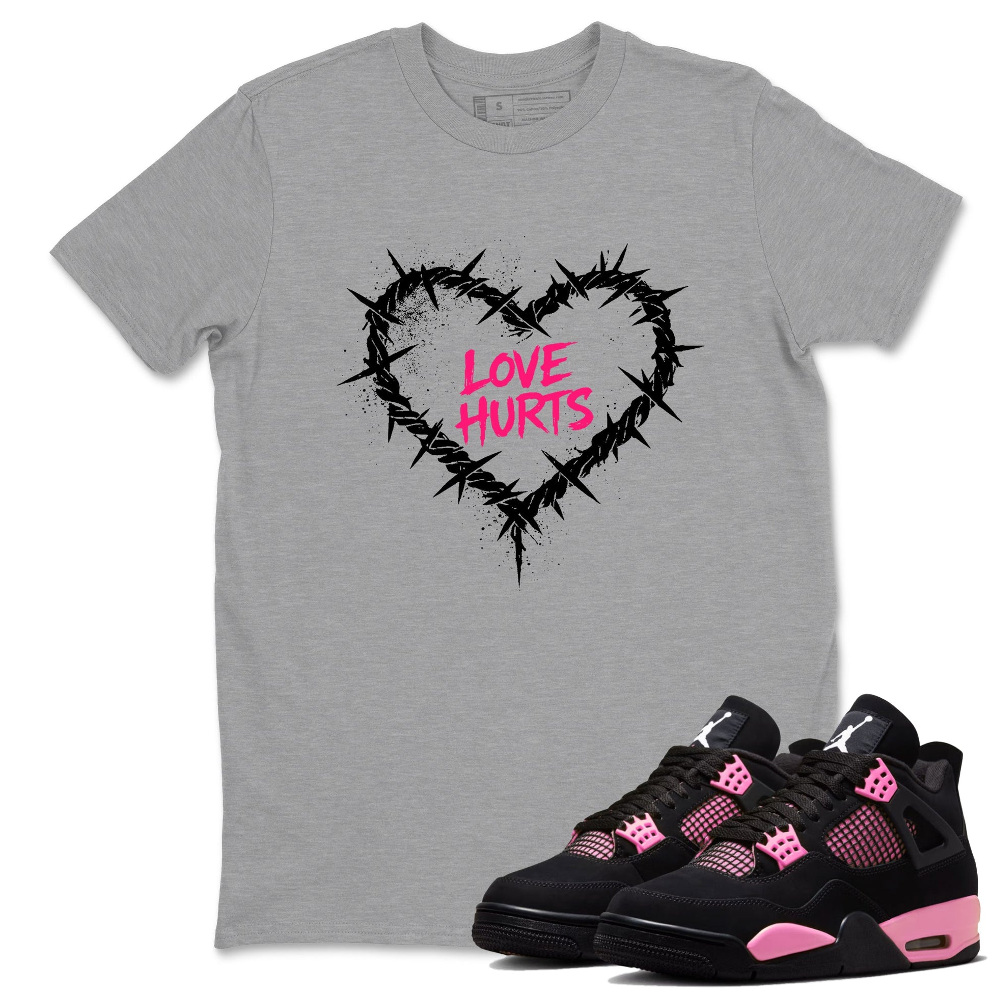 Sneaker match tees – Sneaker Tees To Match Air Jordan 4 Pink Thunder Shoes – Graffiti Love Hurts Tee Heather Grey 1