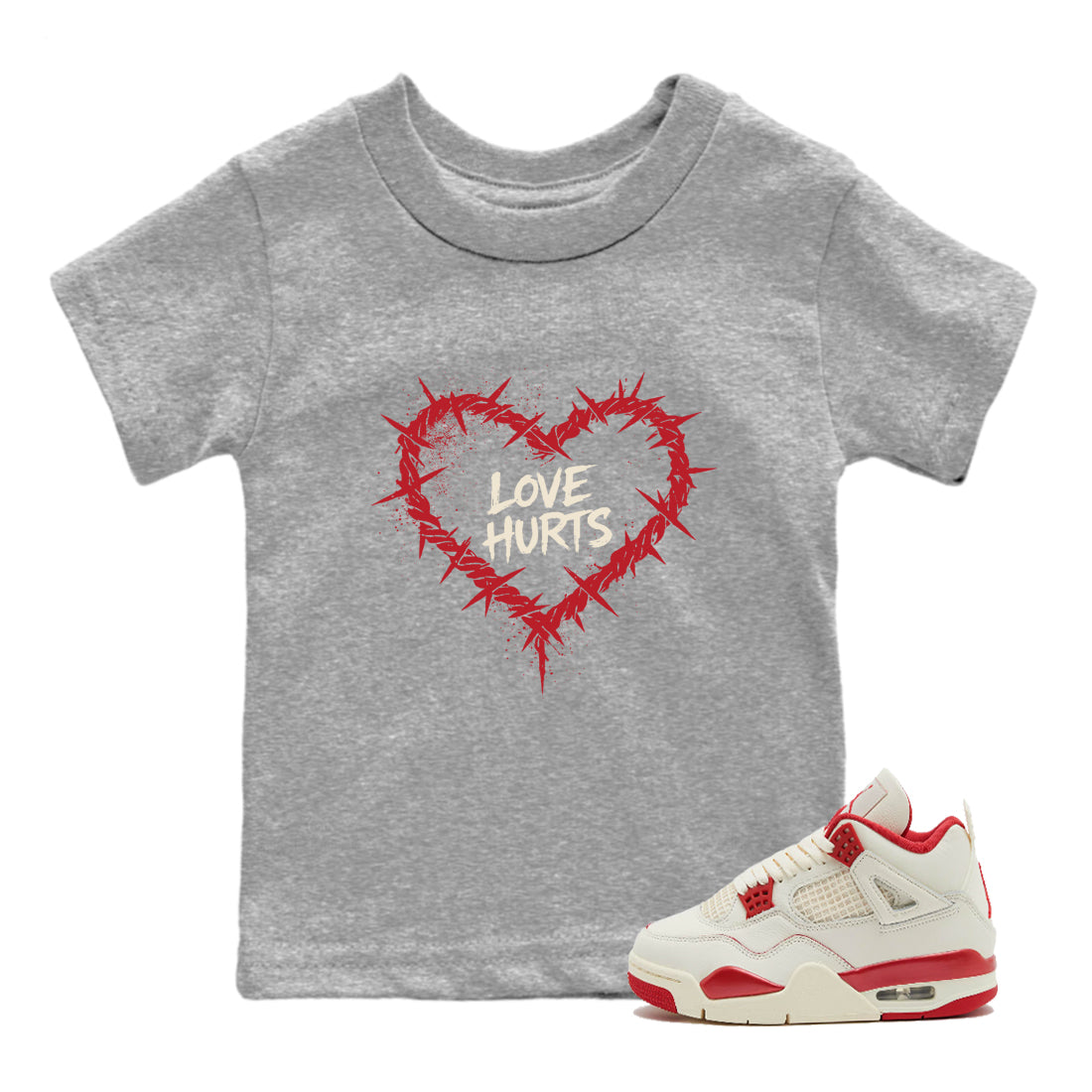 Sneaker match tees – Sneaker Tees To Match Air Jordan 4 Valentines Day Shoes – Graffiti Love Hurts Kids T-Shirt Heather Grey 1
