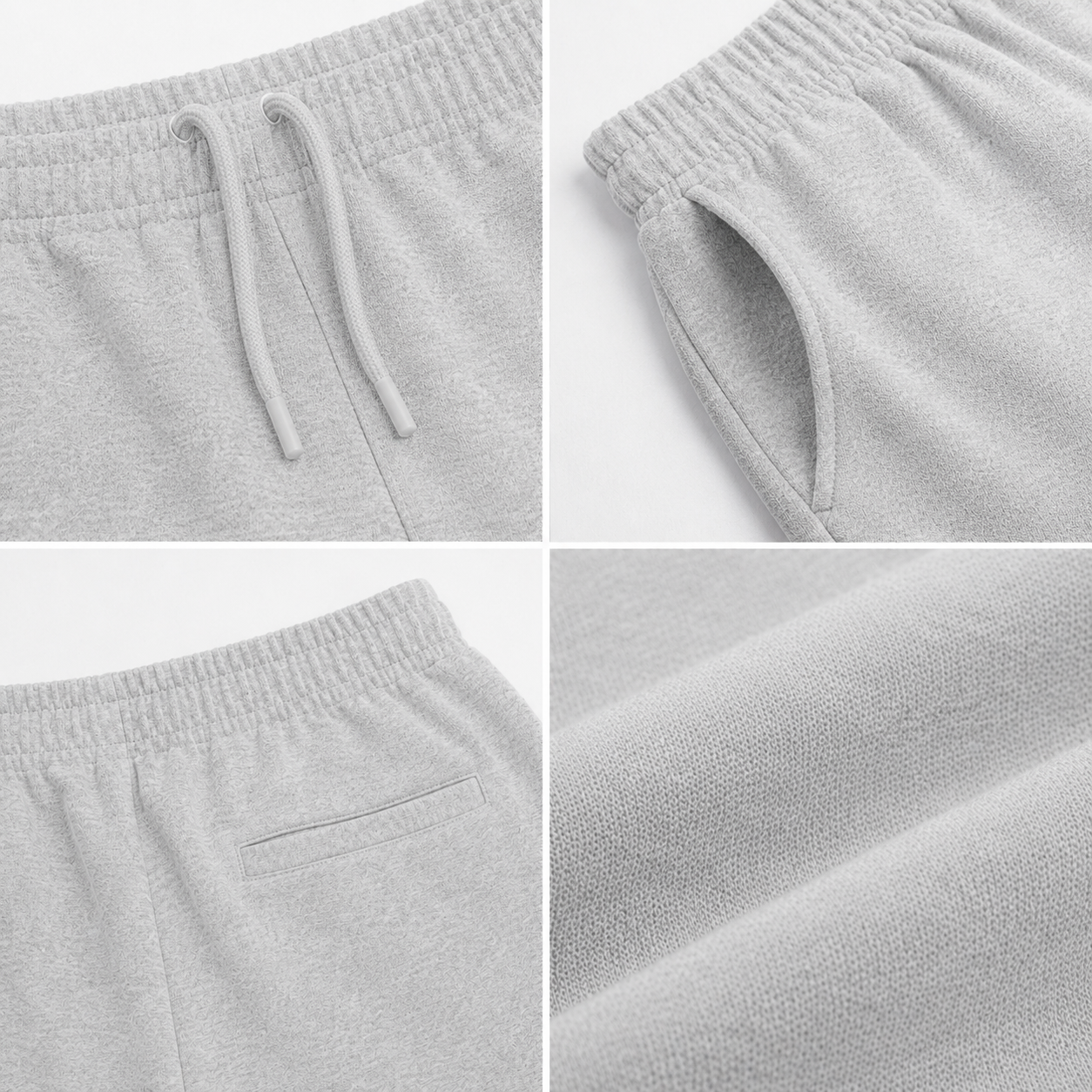 Collage of gray sweatpants showing details like drawstring and pocket on a light gray background.