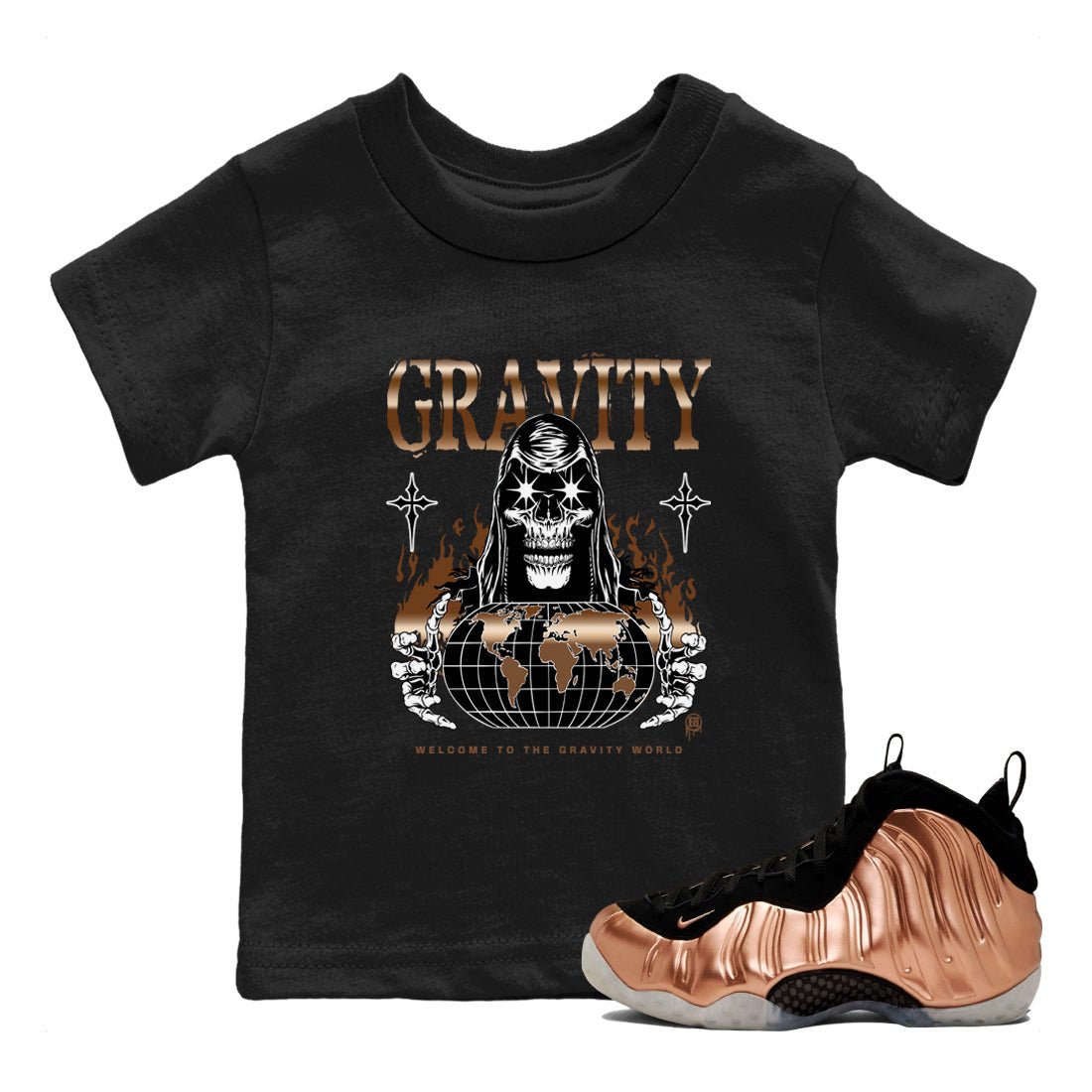 Air Foamposite 1 Metallic Copper Shirts To Match Jordans Gravity Sneaker Shirts Air Foamposite One Metallic Copper SNRT Sneaker Release Tees Baby Youth Toddler Black 1 crew neck shirts