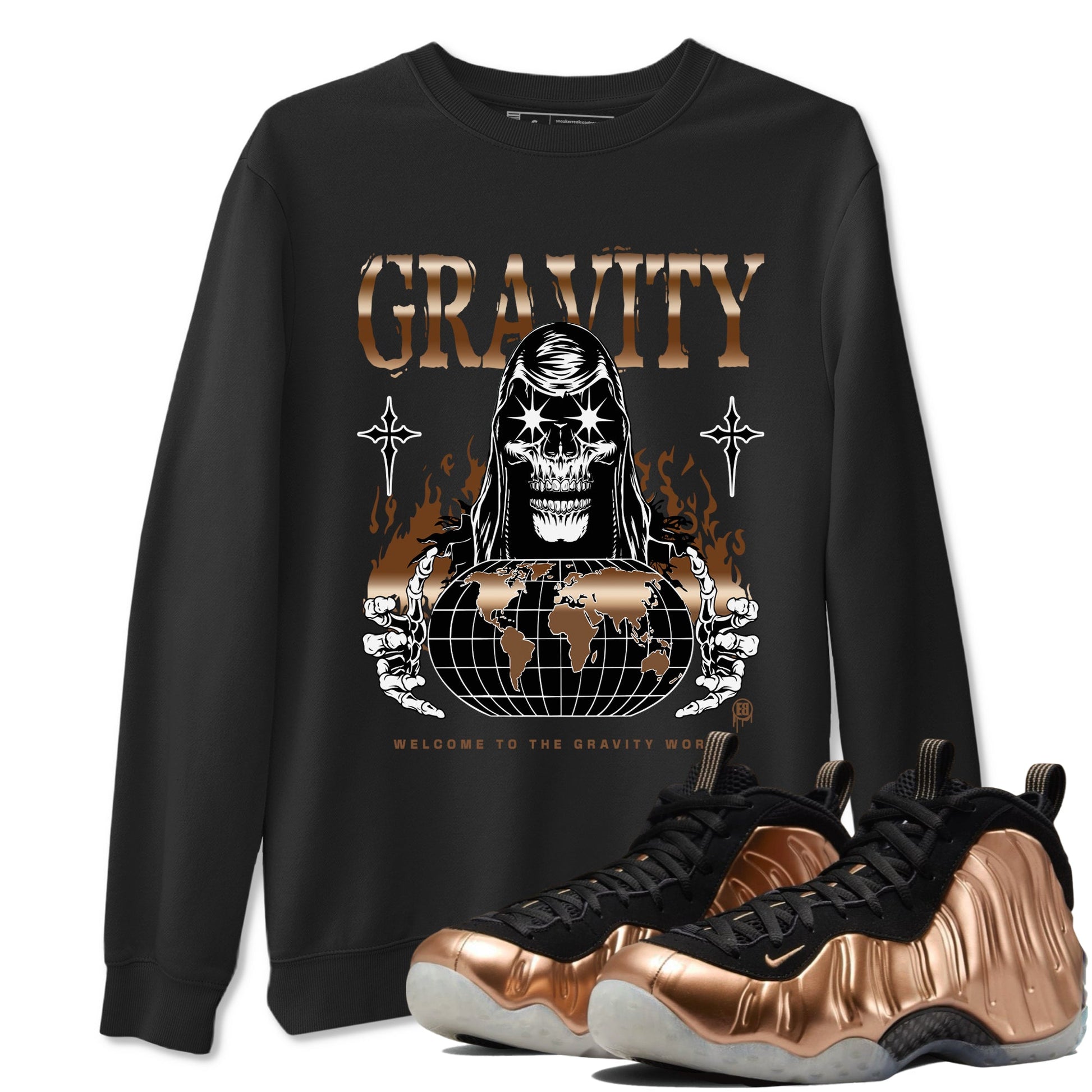 Air Foamposite 1 Metallic Copper Shirts To Match Jordans Gravity Sneaker Shirts Air Foamposite One Metallic Copper SNRT Sneaker Release Tees Unisex Cotton Crew Neck Black 1 crew neck shirts