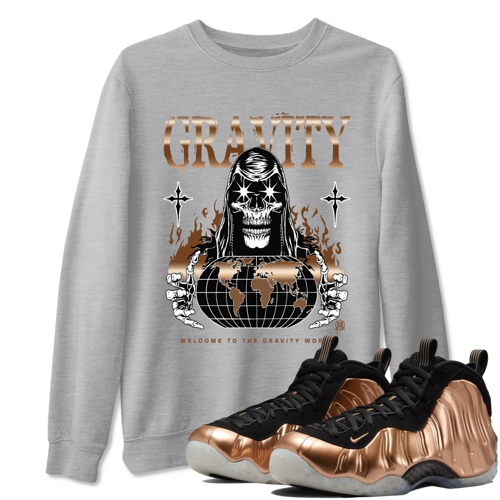 Air Foamposite 1 Metallic Copper Shirts To Match Jordans Gravity Sneaker Shirts Air Foamposite One Metallic Copper SNRT Sneaker Release Tees Unisex Cotton Crew Neck Heather Grey 1 crew neck shirts