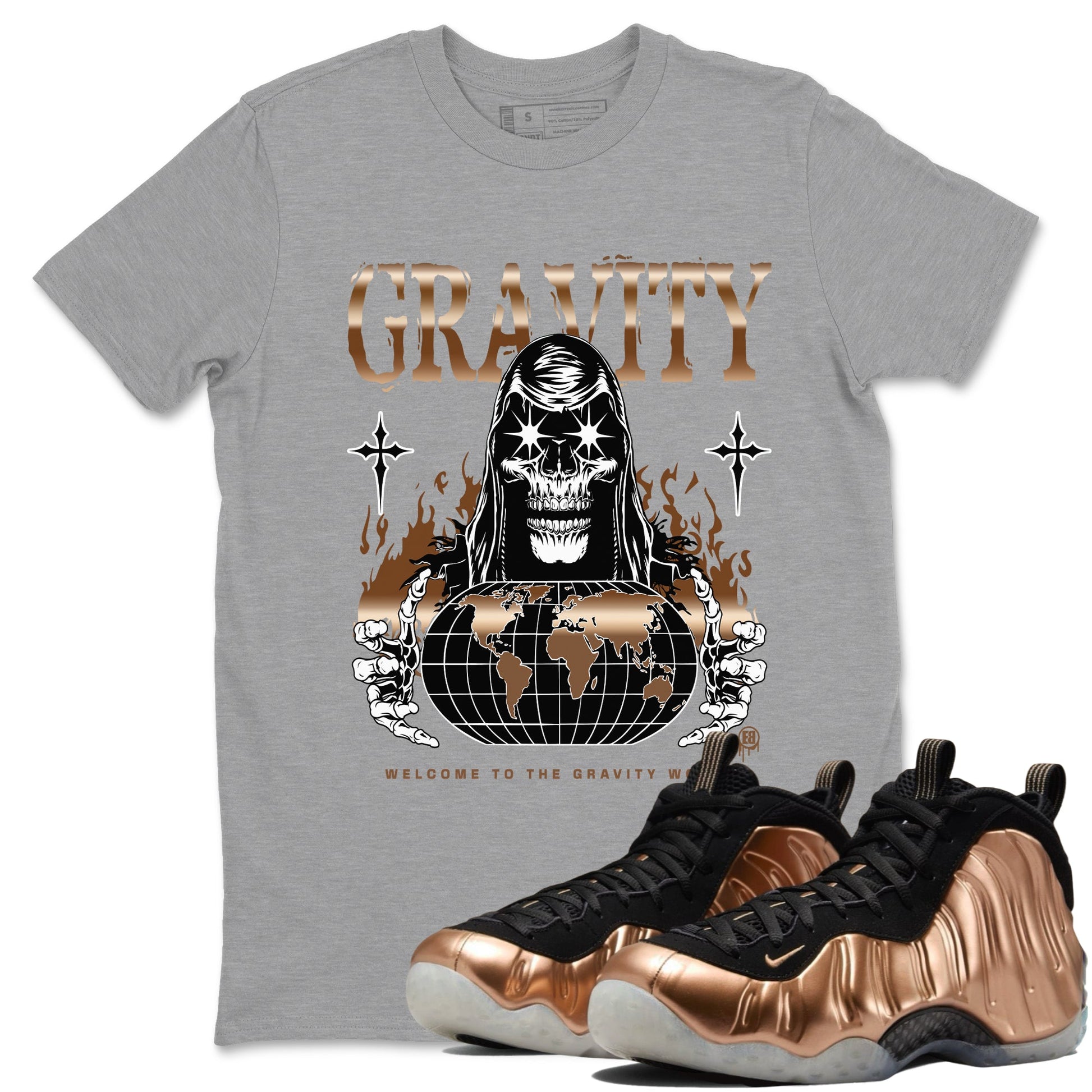 Air Foamposite 1 Metallic Copper Shirts To Match Jordans Gravity Sneaker Shirts Air Foamposite One Metallic Copper SNRT Sneaker Release Tees Unisex Cotton Crew Neck Heather Grey 1 crew neck shirts