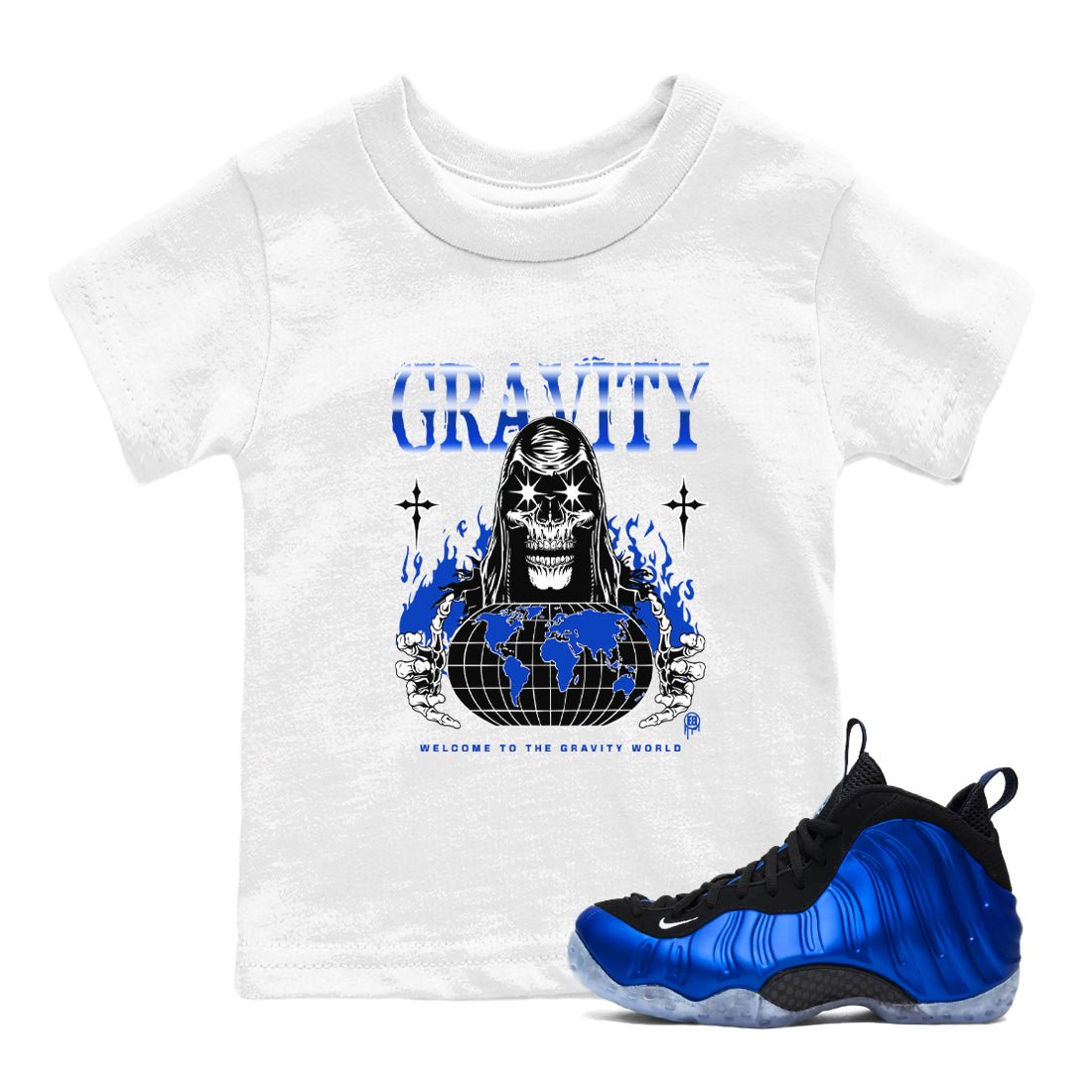 Air Foamposite One Royal shirts to match jordans Gravity sneaker match tees Air Foamposite One Royal SNRT Sneaker Release Tees Youth Baby White 1 crew neck shirts