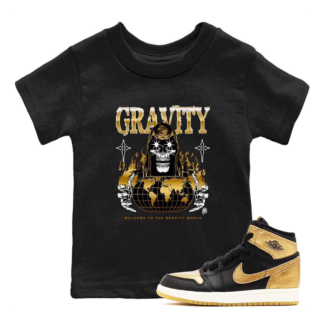 1s Black Metallic Gold shirts to match jordans Gravity sneaker match tees Jordan 1 High OG Black and Gold SNRT Sneaker Tees streetwear brand Baby and Youth Black 1 cotton tee