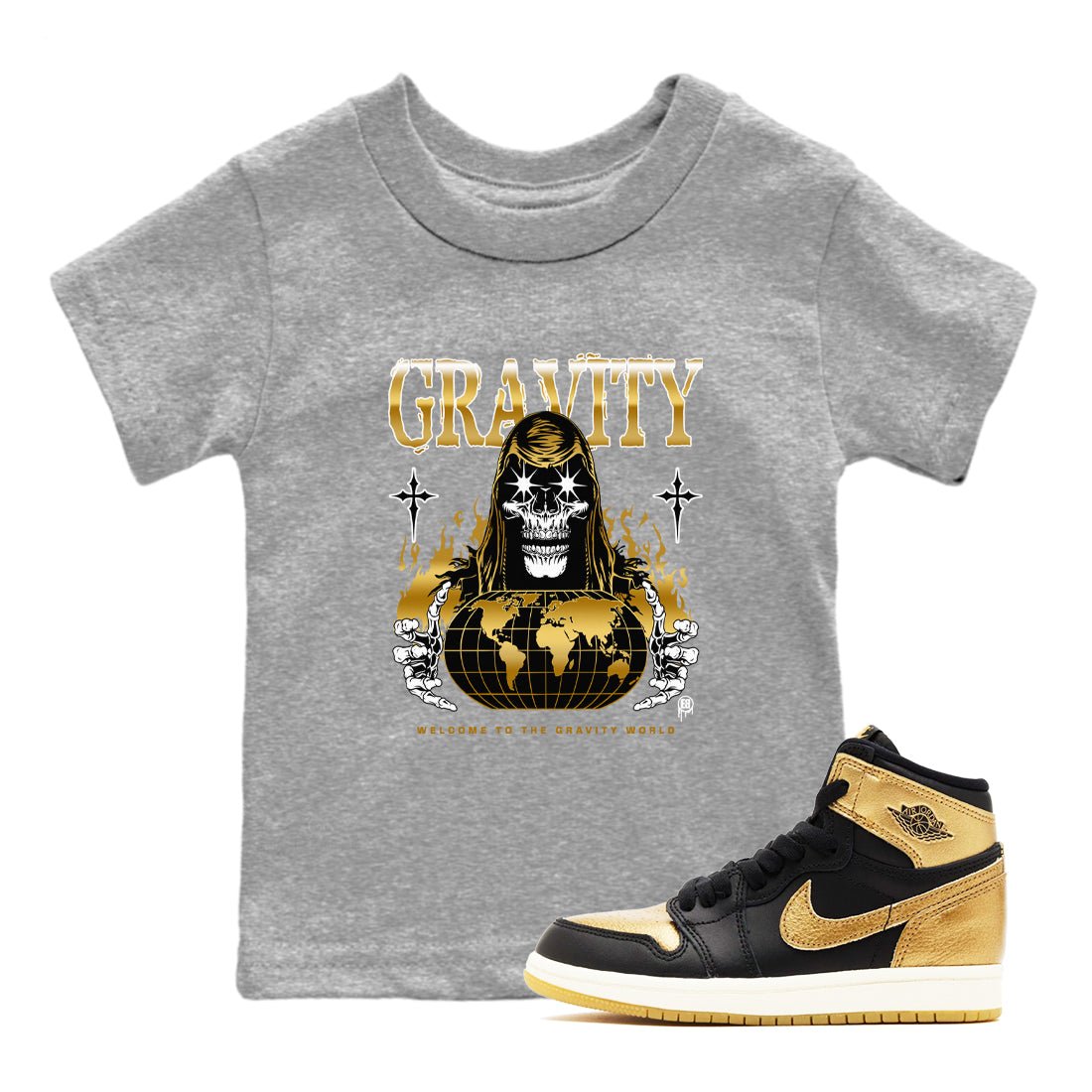 1s Black Metallic Gold shirts to match jordans Gravity sneaker match tees Jordan 1 High OG Black and Gold SNRT Sneaker Tees streetwear brand Baby and Youth Heather Grey 1 cotton tee