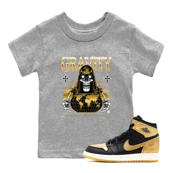 1s Black Metallic Gold shirts to match jordans Gravity sneaker match tees Jordan 1 High OG Black and Gold SNRT Sneaker Tees streetwear brand Baby and Youth Heather Grey 1 cotton tee