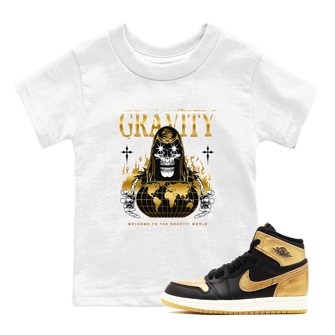 1s Black Metallic Gold shirts to match jordans Gravity sneaker match tees Jordan 1 High OG Black and Gold SNRT Sneaker Tees streetwear brand Baby and Youth White 1 cotton tee