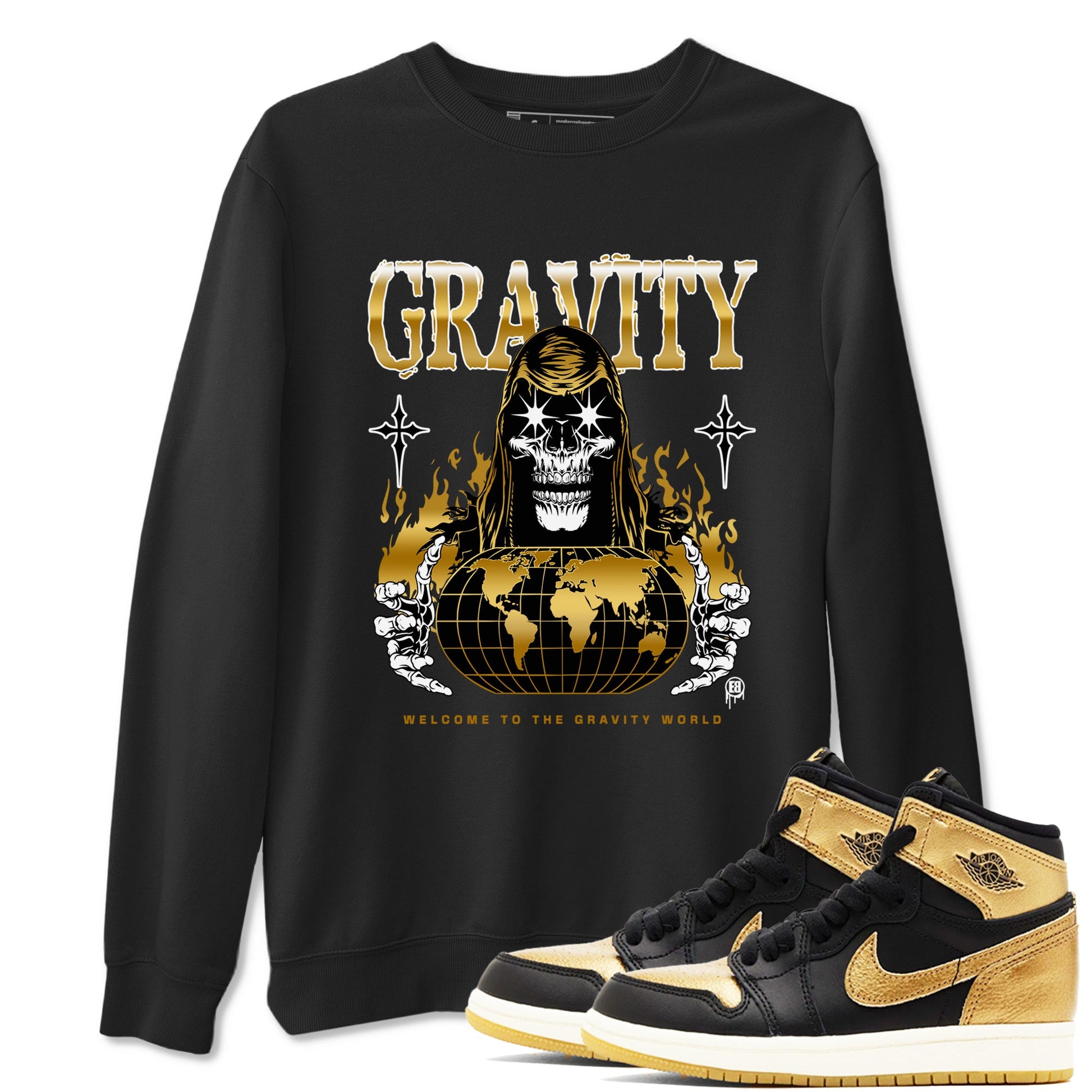 1s Black Metallic Gold shirts to match jordans Gravity sneaker match tees Jordan 1 High OG Black and Gold SNRT Sneaker Tees streetwear brand Black 1 unisex cotton tee