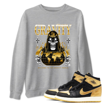 1s Black Metallic Gold shirts to match jordans Gravity sneaker match tees Jordan 1 High OG Black and Gold SNRT Sneaker Tees streetwear brand Heather Grey 1 unisex cotton tee
