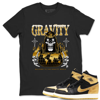 1s Black Metallic Gold shirts to match jordans Gravity sneaker match tees Jordan 1 High OG Black and Gold SNRT Sneaker Tees streetwear brand Black 1 unisex cotton tee