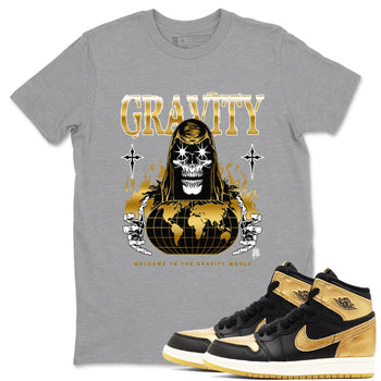 1s Black Metallic Gold shirts to match jordans Gravity sneaker match tees Jordan 1 High OG Black and Gold SNRT Sneaker Tees streetwear brand Heather Grey 1 unisex cotton tee