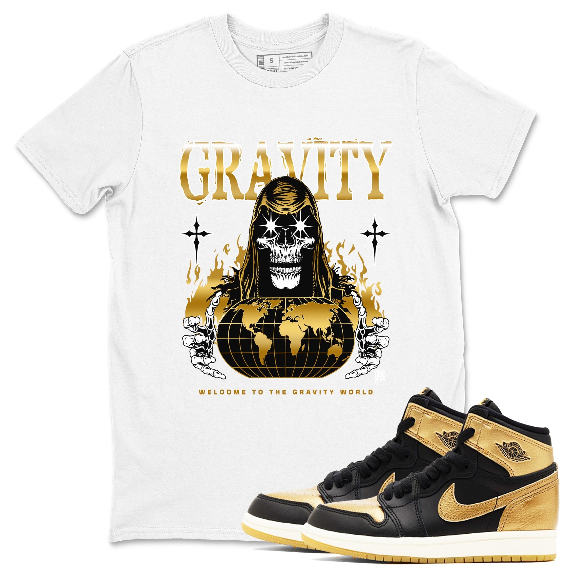 1s Black Metallic Gold shirts to match jordans Gravity sneaker match tees Jordan 1 High OG Black and Gold SNRT Sneaker Tees streetwear brand White 1 unisex cotton tee