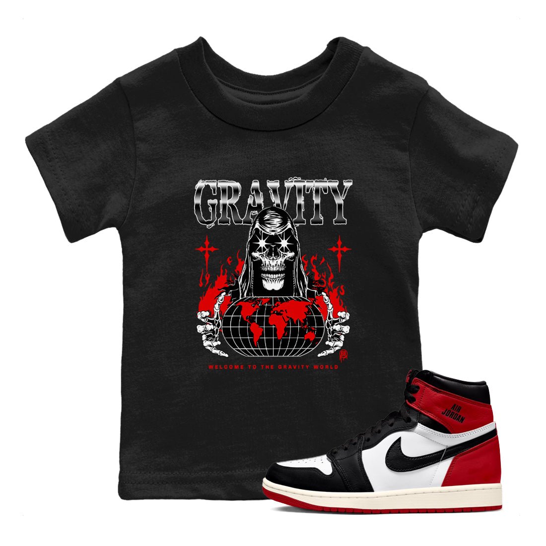 AJ1 Black Toe Reimagined shirts to match jordans Gravity sneaker match tees Air Jordan 1 Black Toe Reimagined SNRT Sneaker Tees streetwear brand Baby and Youth Black 1 cotton tee