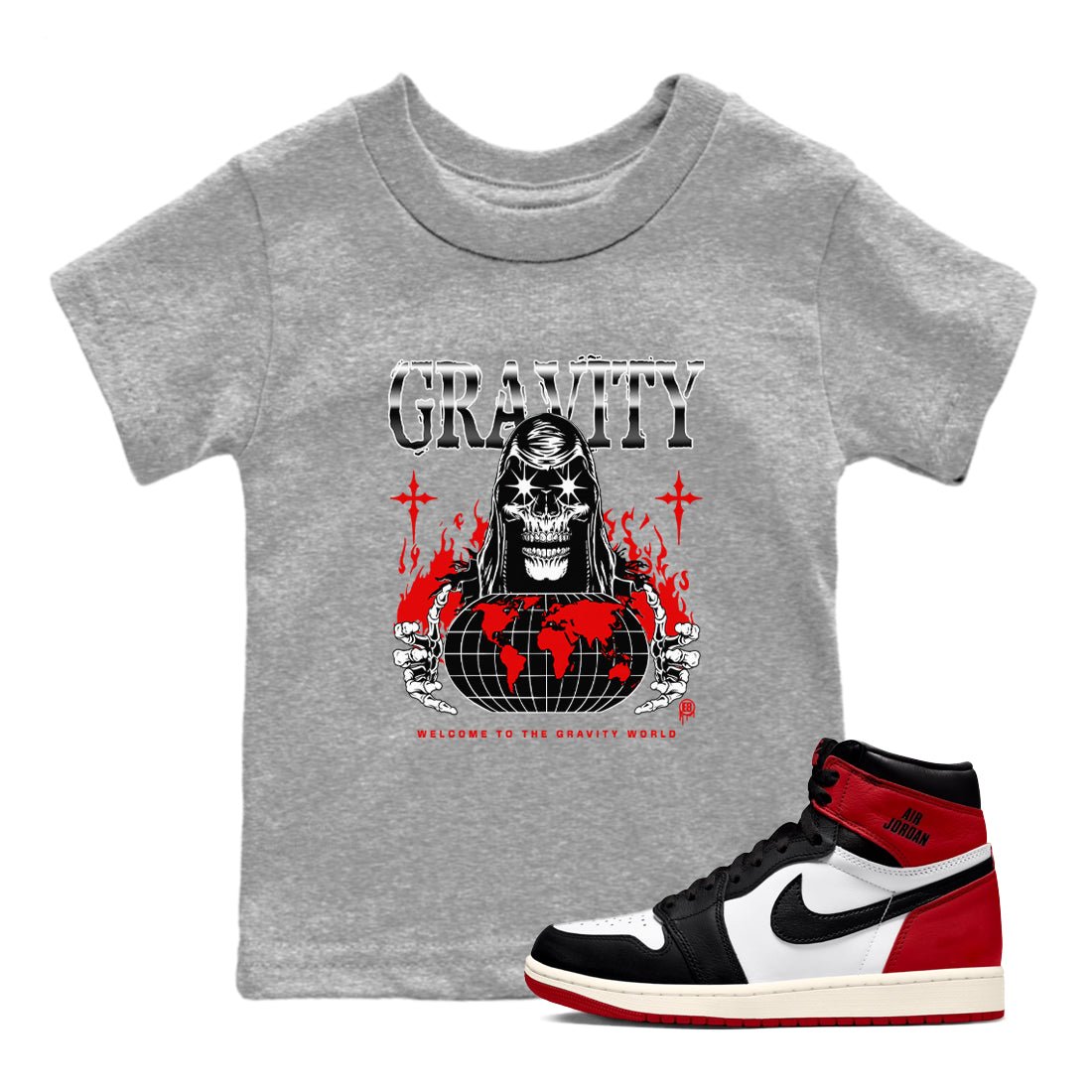 AJ1 Black Toe Reimagined shirts to match jordans Gravity sneaker match tees Air Jordan 1 Black Toe Reimagined SNRT Sneaker Tees streetwear brand Baby and Youth Heather Grey 1 cotton tee