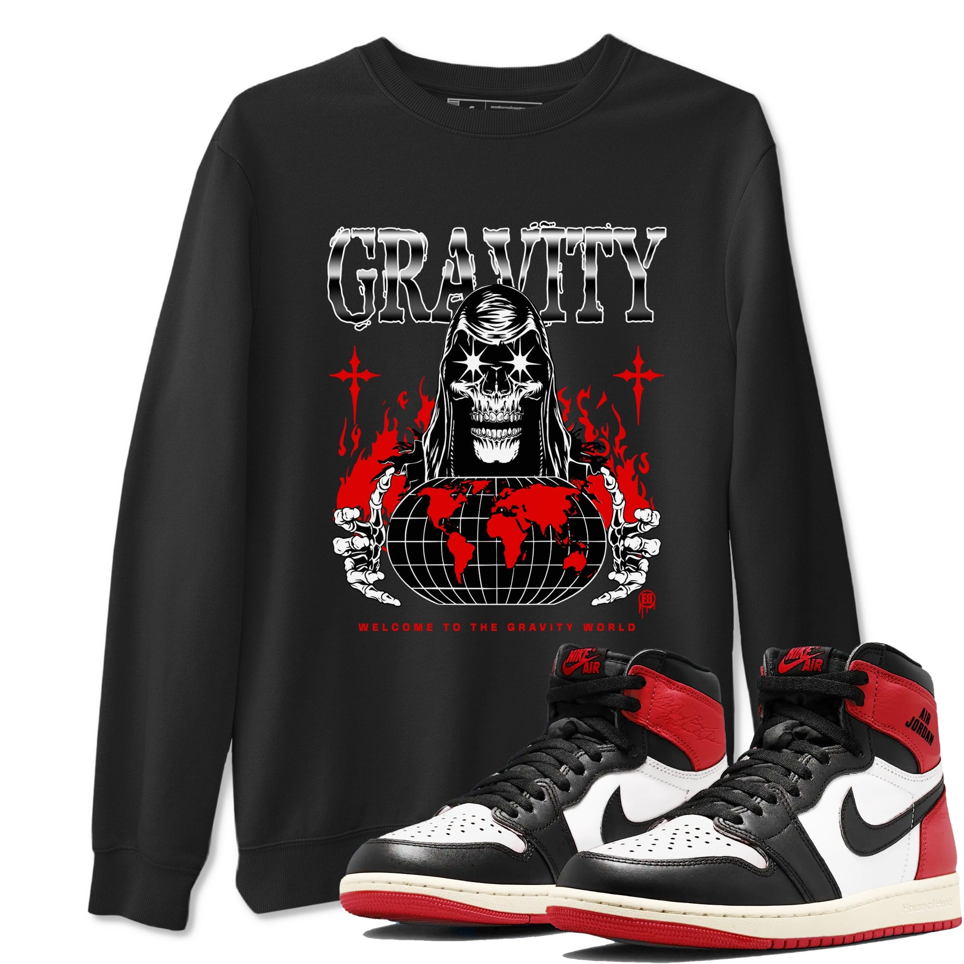 AJ1 Black Toe Reimagined shirts to match jordans Gravity sneaker match tees Air Jordan 1 Black Toe Reimagined SNRT Sneaker Tees streetwear brand Black 1 unisex cotton tee