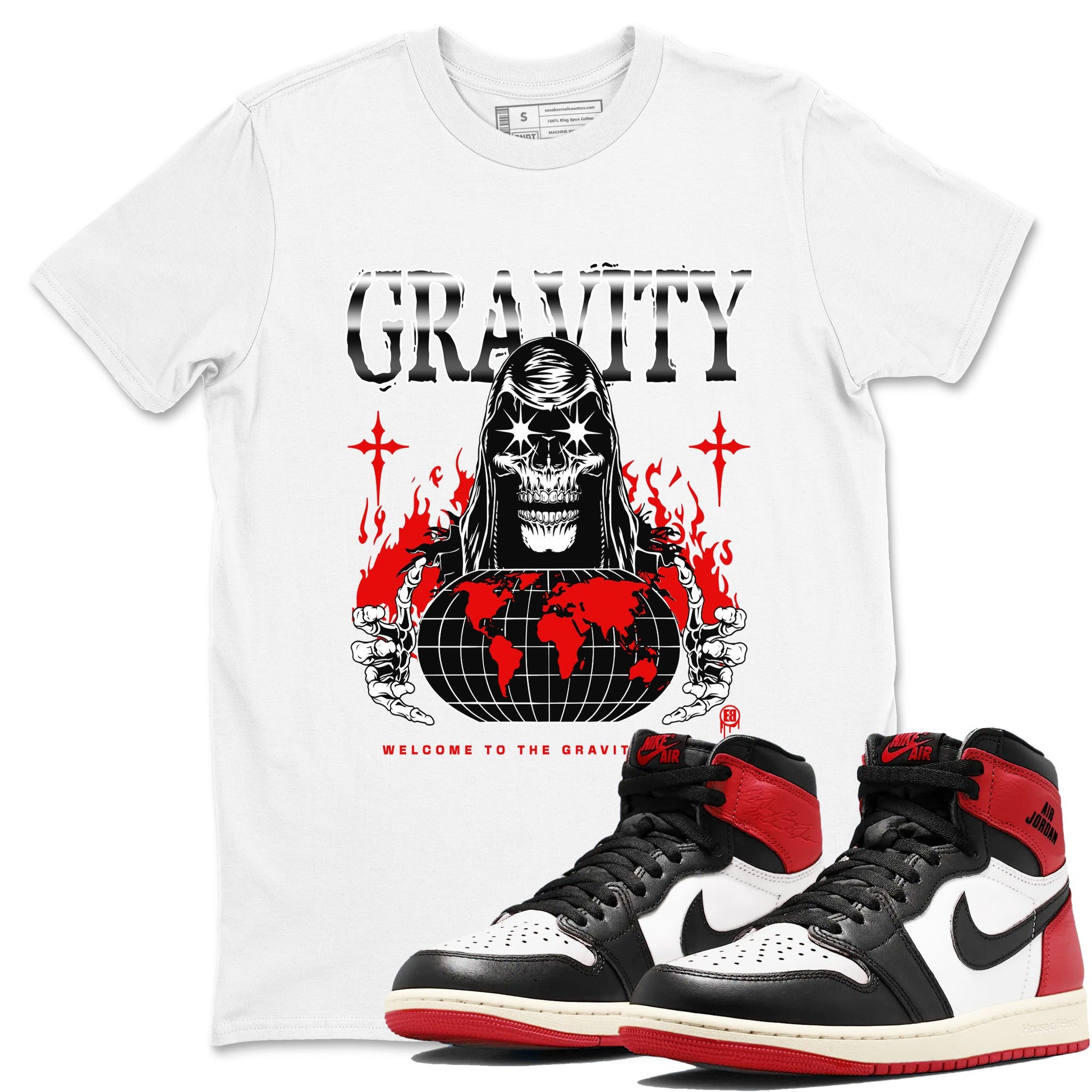 AJ1 Black Toe Reimagined shirts to match jordans Gravity sneaker match tees Air Jordan 1 Black Toe Reimagined SNRT Sneaker Tees streetwear brand White 1 unisex cotton tee