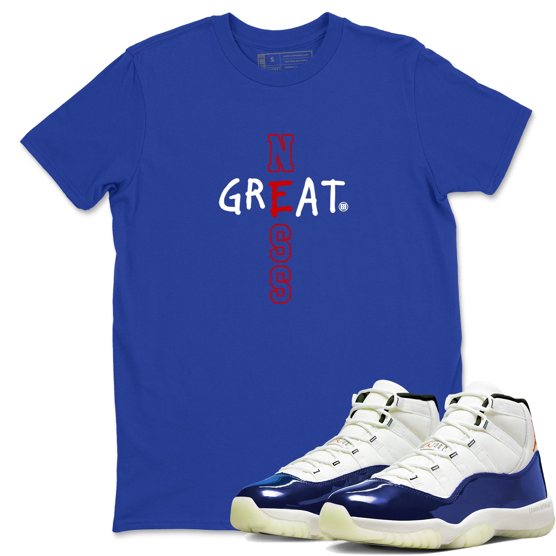 Sneaker Threads – Sneaker Tees To Match Air Jordan 11 Rare Air – Greatness Graphic Tee Royal Blue 1. Perfect for Jordan releases 2025 colorways.