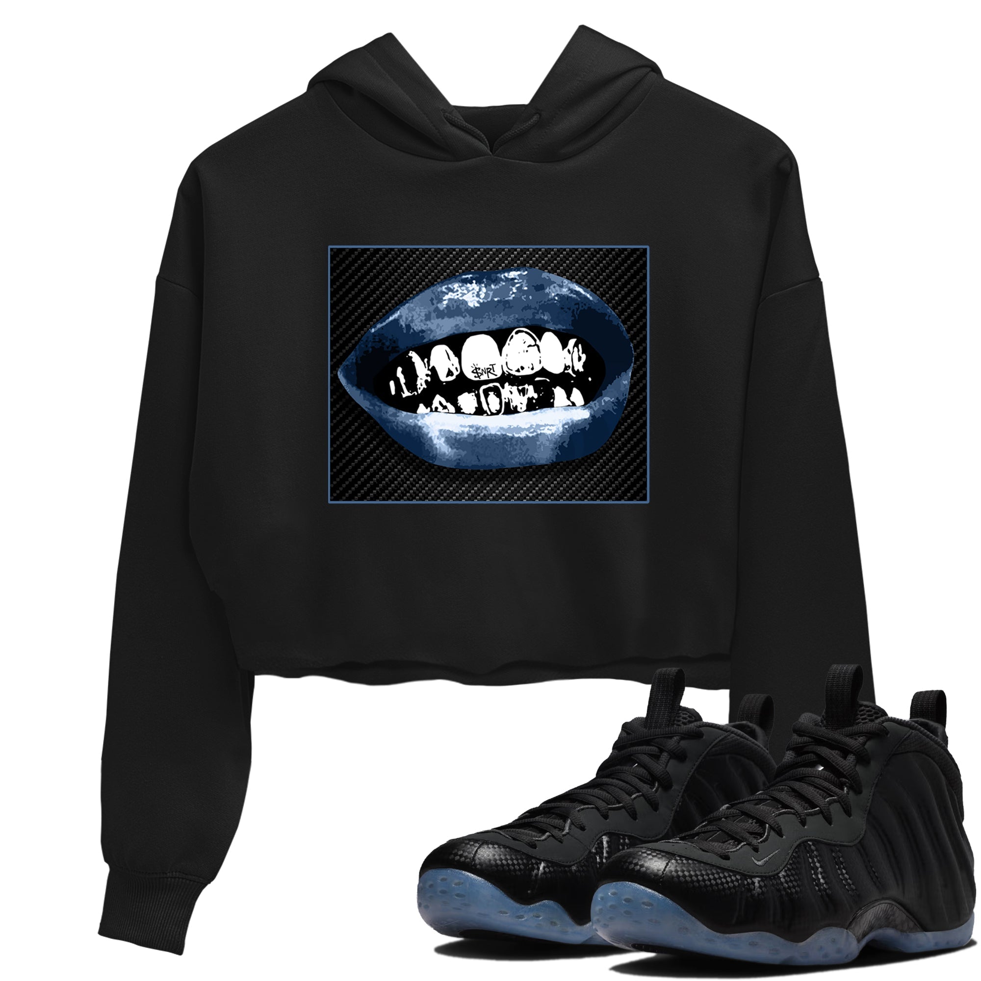 Sneaker Threads – Sneaker Tees To Match Air Foamposite One Carbon Fiber – Grillz Lips Crop Tee Black 1. Perfect for Jordan releases 2025 colorways.
