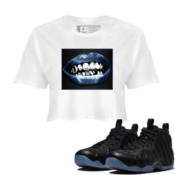 Sneaker Threads – Sneaker Tees To Match Air Foamposite One Carbon Fiber – Grillz Lips Crop Tee White 1. Perfect for Jordan releases 2025 colorways.