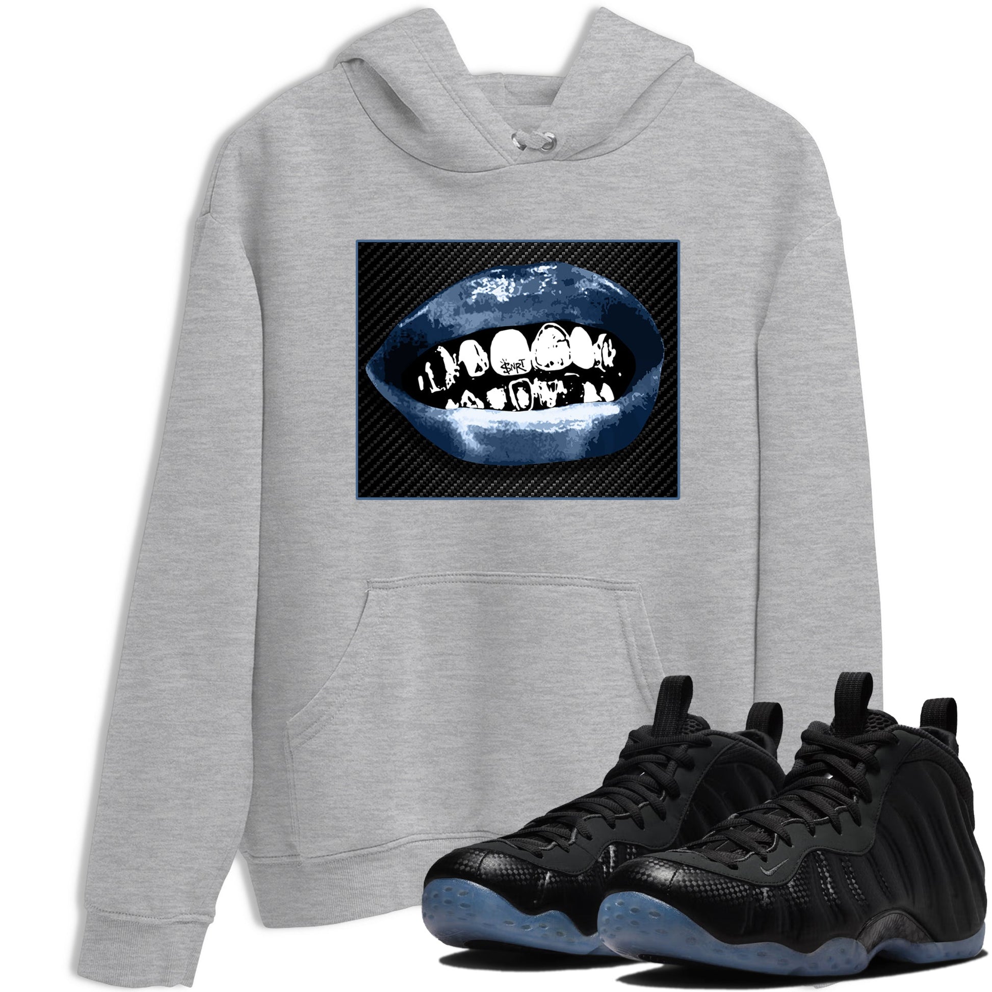 Sneaker Threads – Sneaker Tees To Match Air Foamposite One Carbon Fiber – Grillz Lips Graphic Tee Heather Grey 1. Perfect for Jordan releases 2025 colorways.