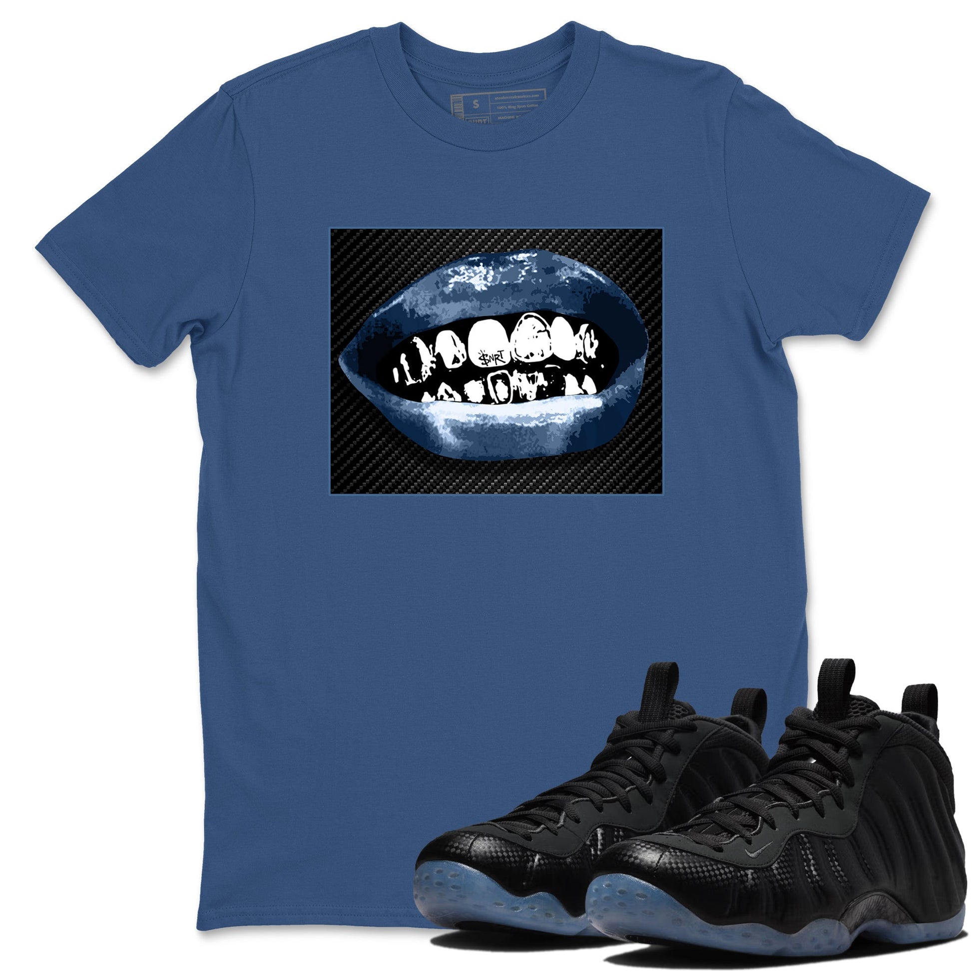 Sneaker Threads – Sneaker Tees To Match Air Foamposite One Carbon Fiber – Grillz Lips Graphic Tee Denim Blue 1. Perfect for Jordan releases 2025 colorways.