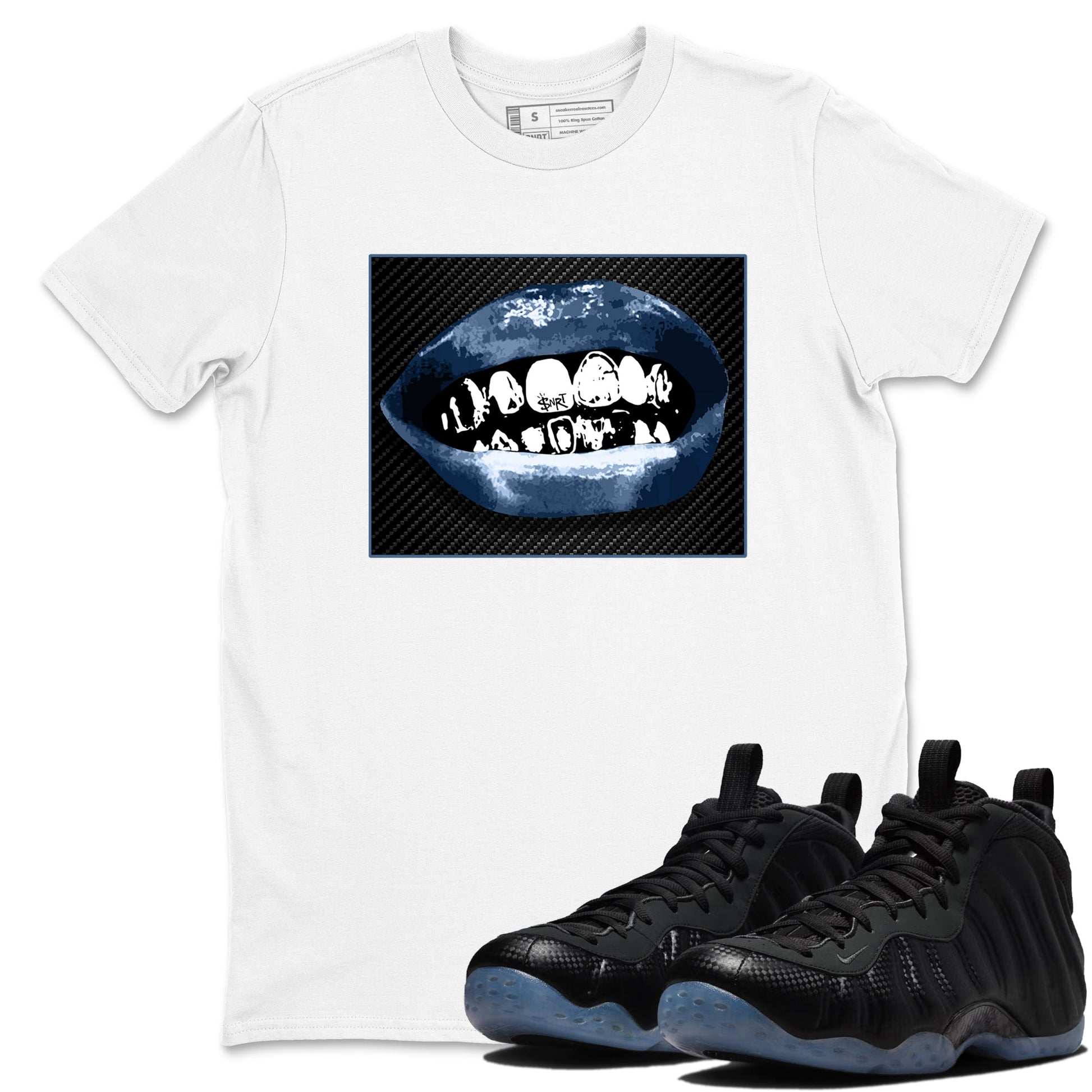 Sneaker Threads – Sneaker Tees To Match Air Foamposite One Carbon Fiber – Grillz Lips Graphic Tee White 1. Perfect for Jordan releases 2025 colorways.