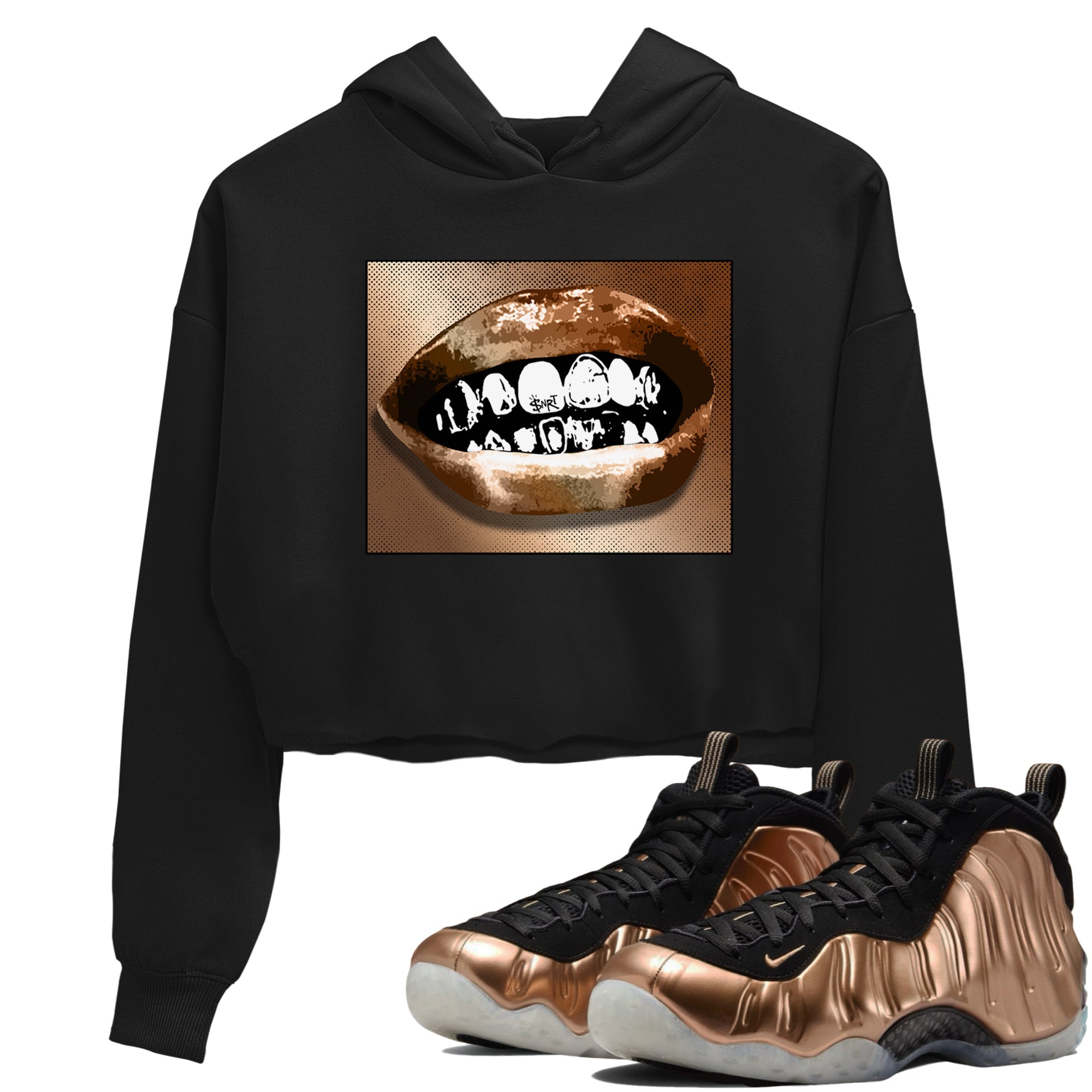 Foams One Metallic Copper shirts to match jordans Grillz Lips sneaker match tees Air Foamposite One Metallic Copper match shoes to clothes SNRT Sneaker Tees unisex cotton Black 1 crop tee