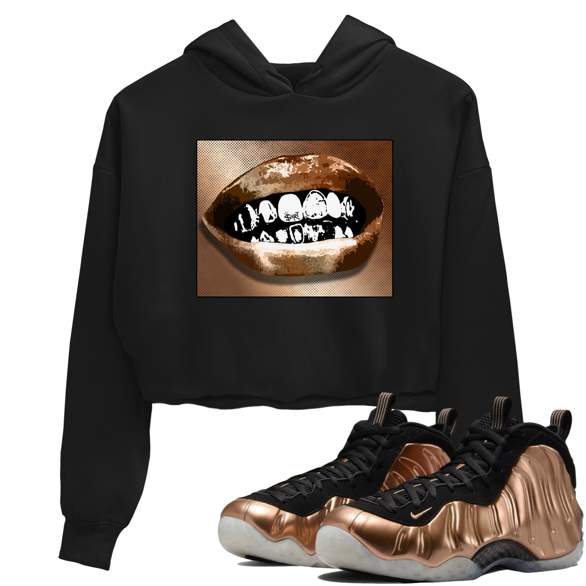 Foams One Metallic Copper shirts to match jordans Grillz Lips sneaker match tees Air Foamposite One Metallic Copper match shoes to clothes SNRT Sneaker Tees unisex cotton Black 1 crop tee