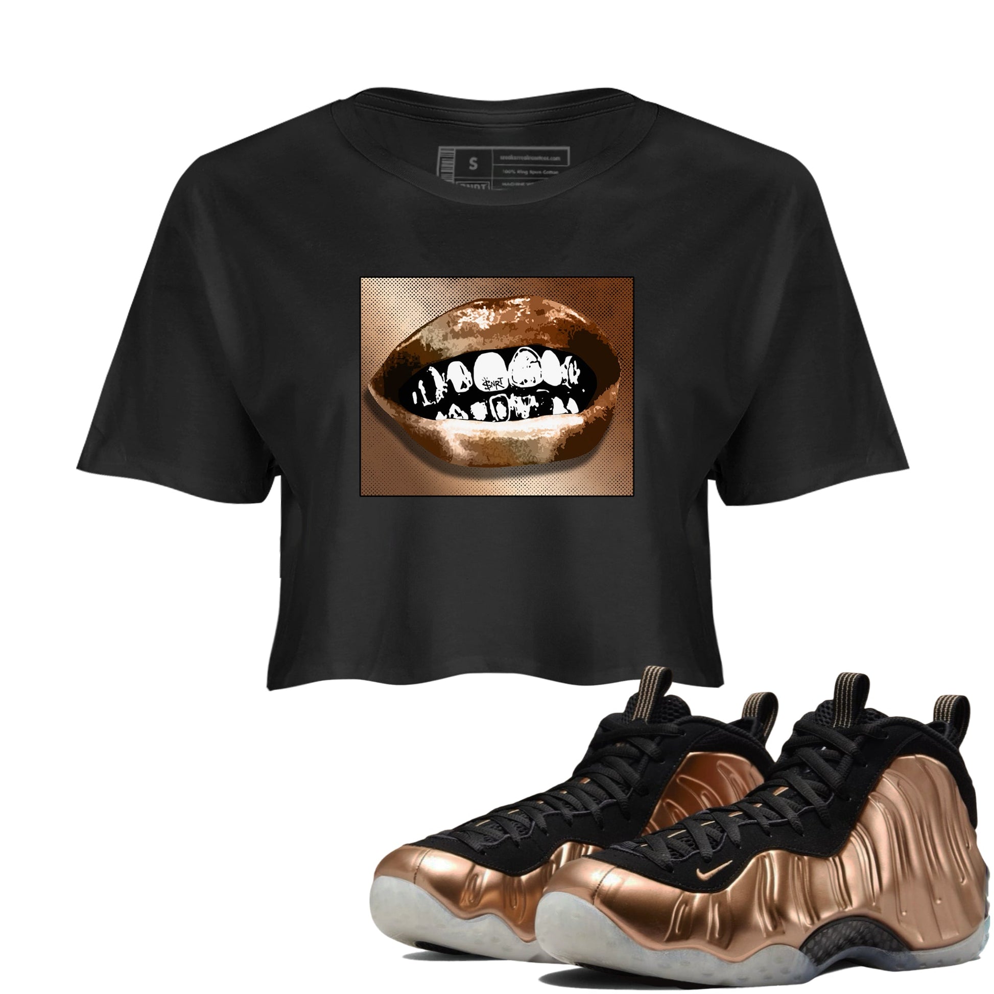 Foams One Metallic Copper shirts to match jordans Grillz Lips sneaker match tees Air Foamposite One Metallic Copper match shoes to clothes SNRT Sneaker Tees unisex cotton Black 1 crop tee
