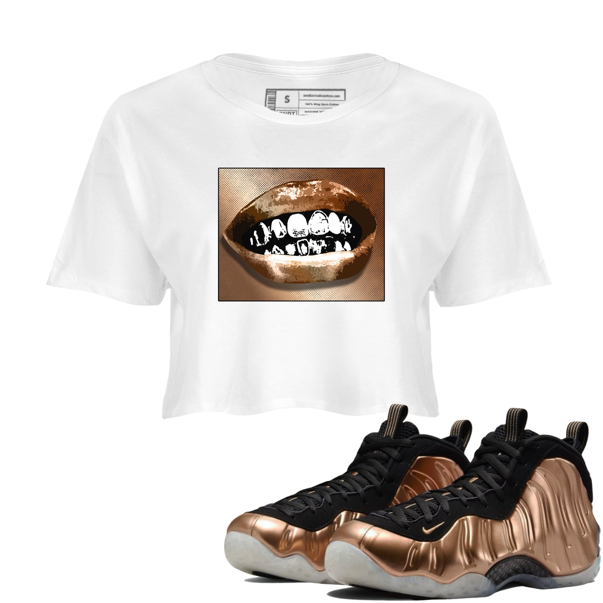 Foams One Metallic Copper shirts to match jordans Grillz Lips sneaker match tees Air Foamposite One Metallic Copper match shoes to clothes SNRT Sneaker Tees unisex cotton White 1 crop tee