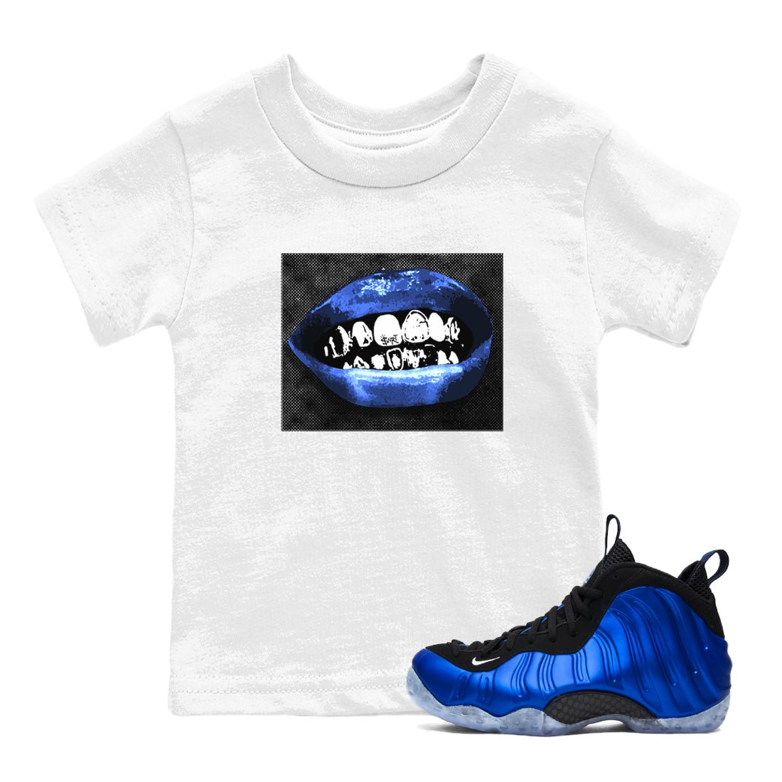 Air Foamposite One Royal shirts to match jordans Grillz Lips sneaker match tees Air Foamposite One Royal SNRT Sneaker Release Tees Youth Baby White 1 crew neck shirts