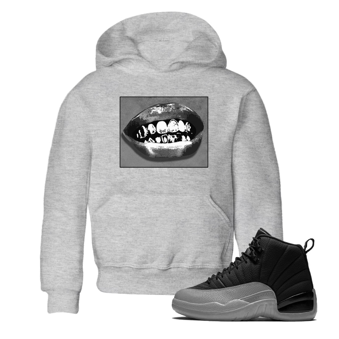 12s Black Wolf Grey shirts to match jordans Grillz Lips sneaker match tees Air Jordan 12 Barons SNRT Sneaker Release Tees Youth Baby Heather Grey 1 crew neck shirts