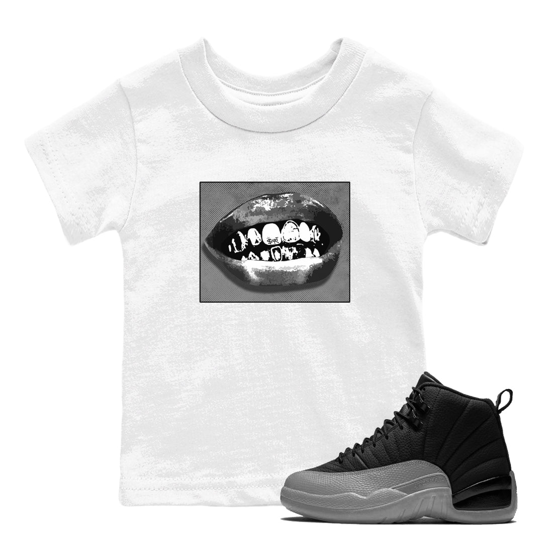 12s Black Wolf Grey shirts to match jordans Grillz Lips sneaker match tees Air Jordan 12 Barons SNRT Sneaker Release Tees Youth Baby White 1 crew neck shirts