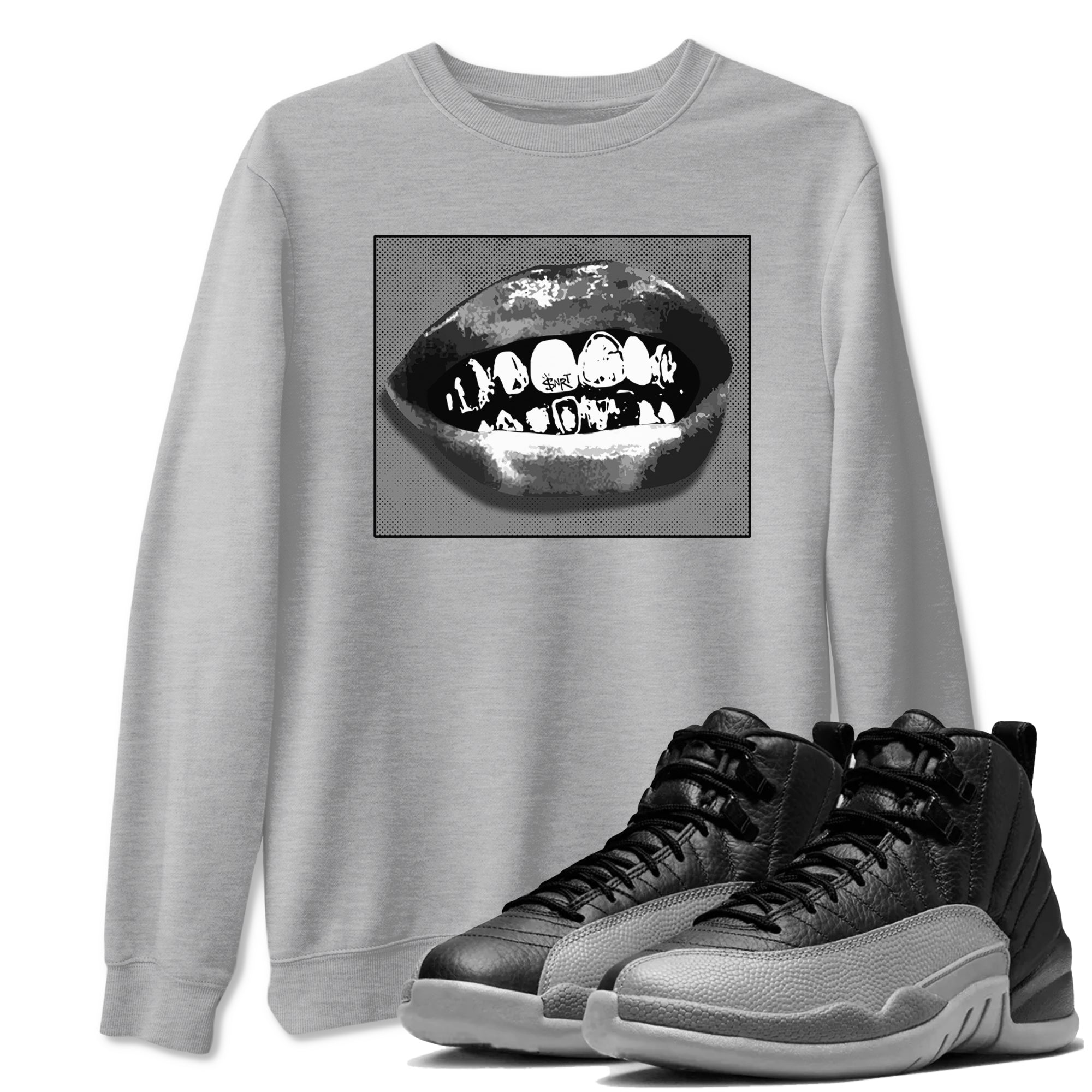 12s Black Wolf Grey shirts to match jordans Grillz Lips sneaker match tees Air Jordan 12 Barons SNRT Sneaker Release Tees unisex cotton Heather Grey 1 crew neck shirts