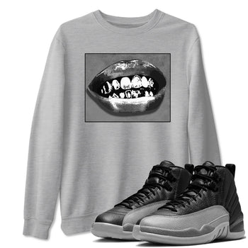 12s Black Wolf Grey shirts to match jordans Grillz Lips sneaker match tees Air Jordan 12 Barons SNRT Sneaker Release Tees unisex cotton Heather Grey 1 crew neck shirts