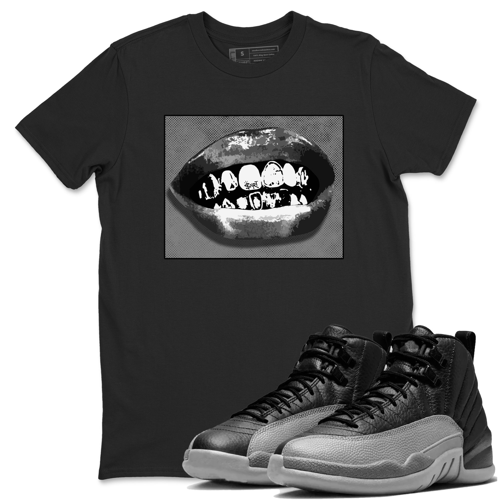 12s Black Wolf Grey shirts to match jordans Grillz Lips sneaker match tees Air Jordan 12 Barons SNRT Sneaker Release Tees unisex cotton Black 1 crew neck shirts