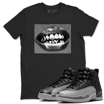 12s Black Wolf Grey shirts to match jordans Grillz Lips sneaker match tees Air Jordan 12 Barons SNRT Sneaker Release Tees unisex cotton Black 1 crew neck shirts