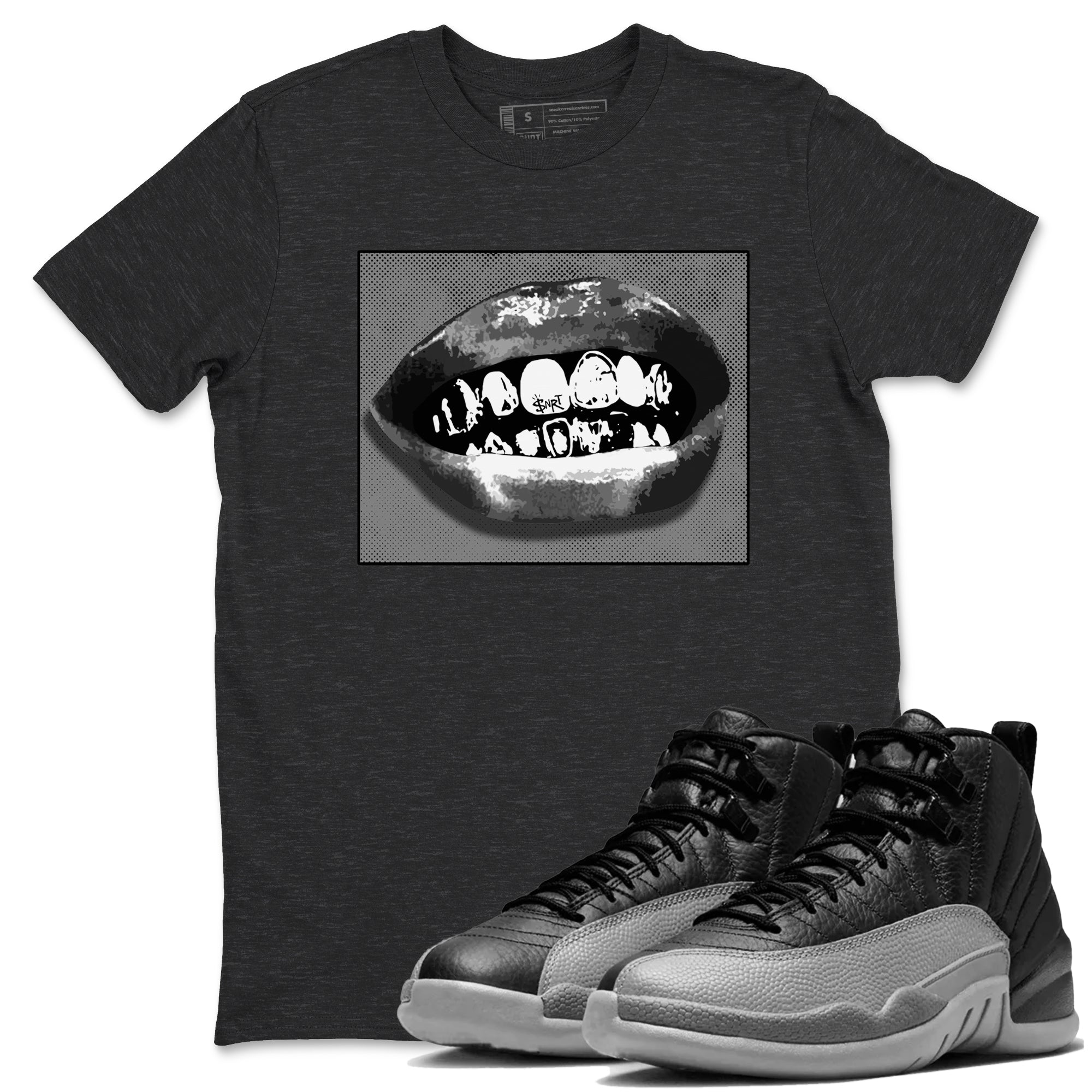 12s Black Wolf Grey shirts to match jordans Grillz Lips sneaker match tees Air Jordan 12 Barons SNRT Sneaker Release Tees unisex cotton Charcoal Heather 1 crew neck shirts