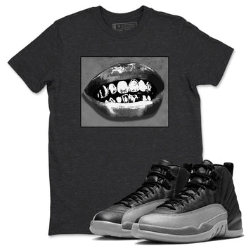 12s Black Wolf Grey shirts to match jordans Grillz Lips sneaker match tees Air Jordan 12 Barons SNRT Sneaker Release Tees unisex cotton Charcoal Heather 1 crew neck shirts