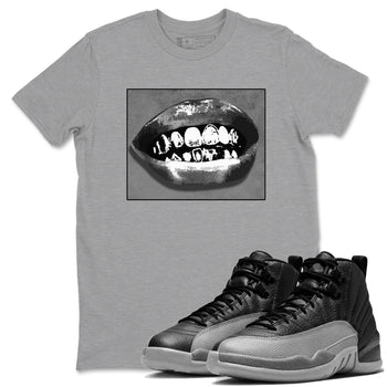 12s Black Wolf Grey shirts to match jordans Grillz Lips sneaker match tees Air Jordan 12 Barons SNRT Sneaker Release Tees unisex cotton Heather Grey 1 crew neck shirts