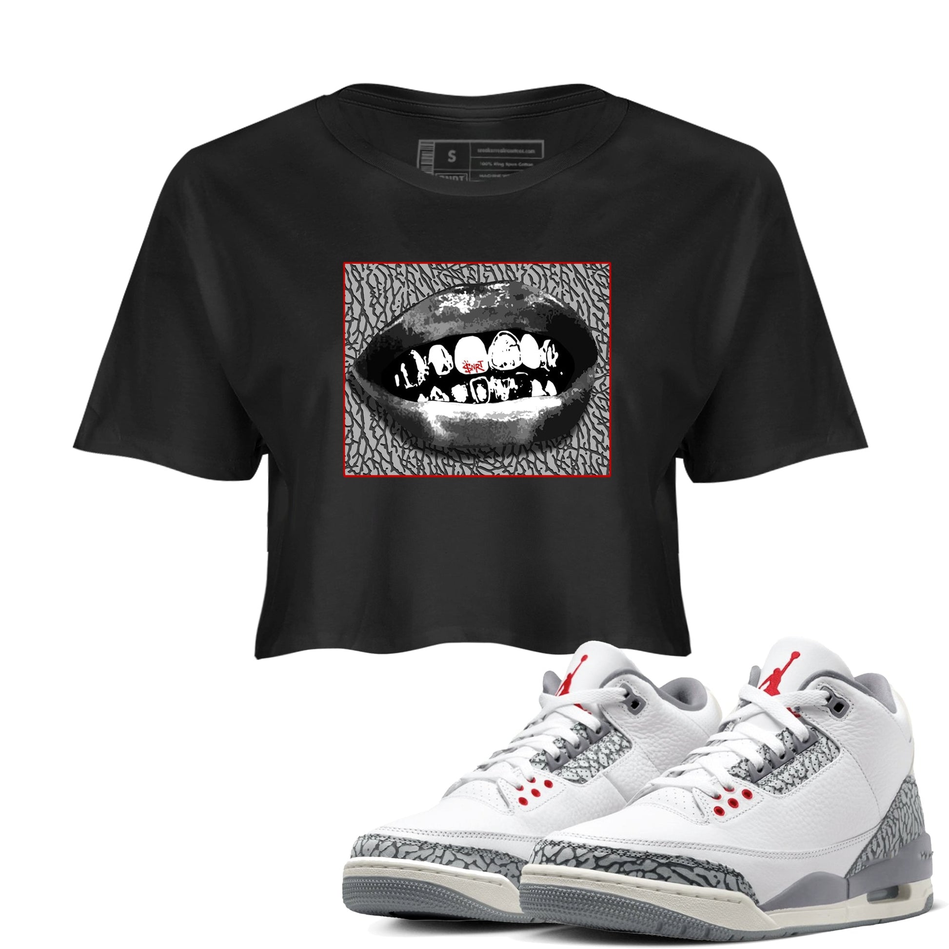 3s Cement Grey shirts to match jordans Grillz Lips sneaker match tees Air Jordan 3 Cement Grey SNRT Sneaker Release Tees unisex cotton Black 1 Crop Shirts