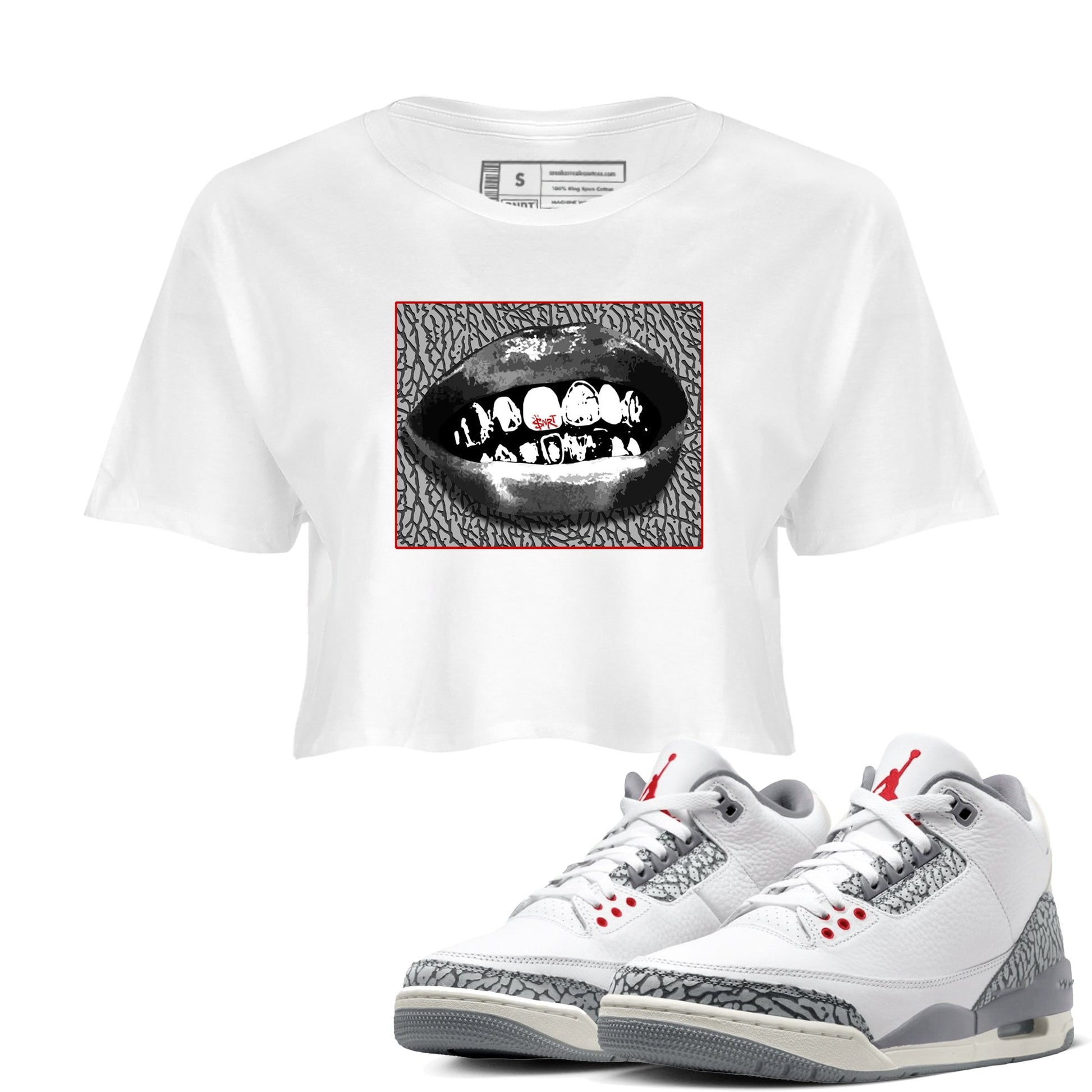 3s Cement Grey shirts to match jordans Grillz Lips sneaker match tees Air Jordan 3 Cement Grey SNRT Sneaker Release Tees unisex cotton White 1 Crop Shirts