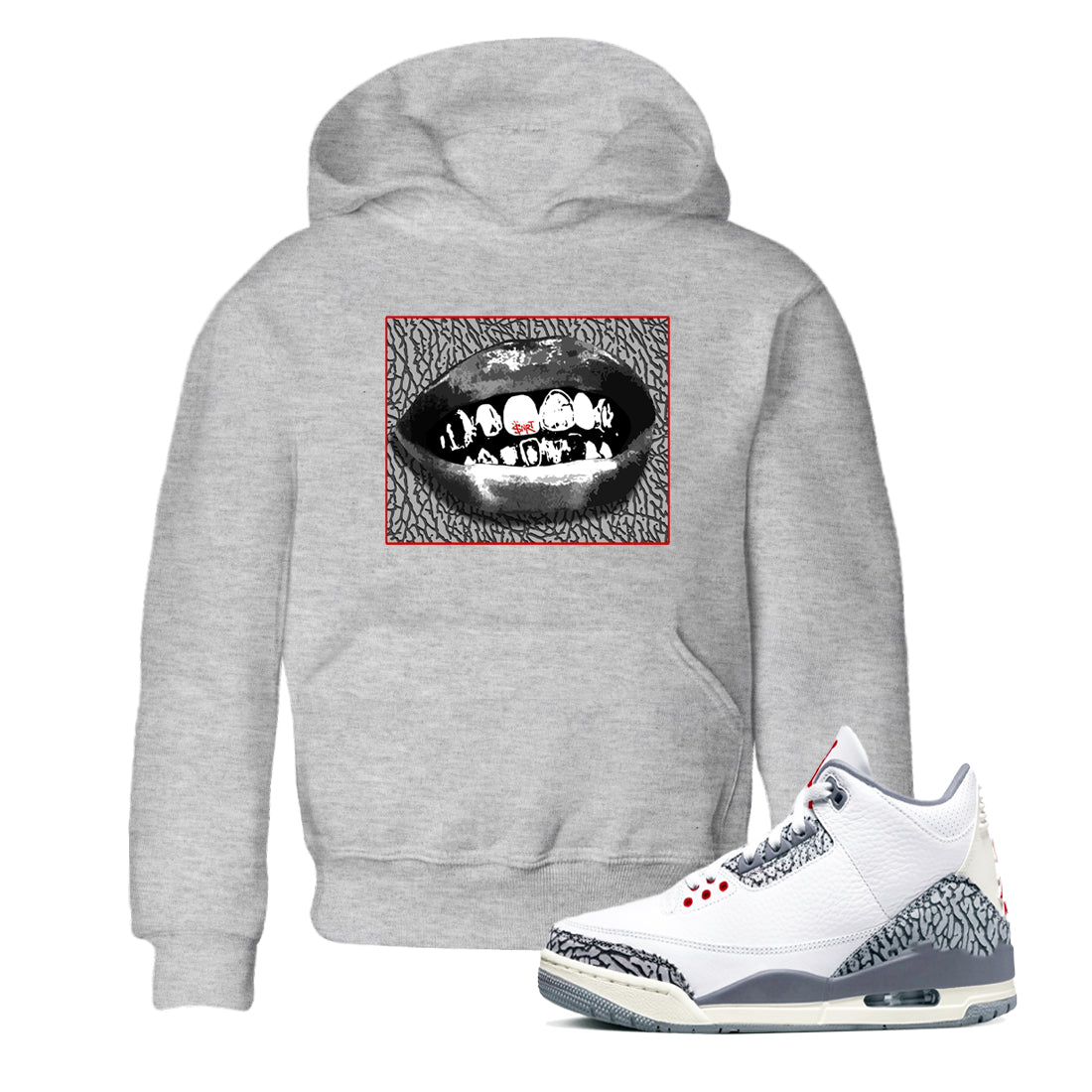 3s Cement Grey shirts to match jordans Grillz Lips sneaker match tees Air Jordan 3 Cement Grey SNRT Sneaker Release Tees Youth Baby Heather Grey 1 crew neck shirts