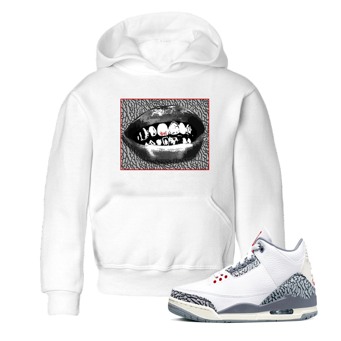 3s Cement Grey shirts to match jordans Grillz Lips sneaker match tees Air Jordan 3 Cement Grey SNRT Sneaker Release Tees Youth Baby White 1 crew neck shirts