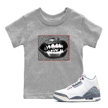 3s Cement Grey shirts to match jordans Grillz Lips sneaker match tees Air Jordan 3 Cement Grey SNRT Sneaker Release Tees Youth Baby Heather Grey 1 crew neck shirts